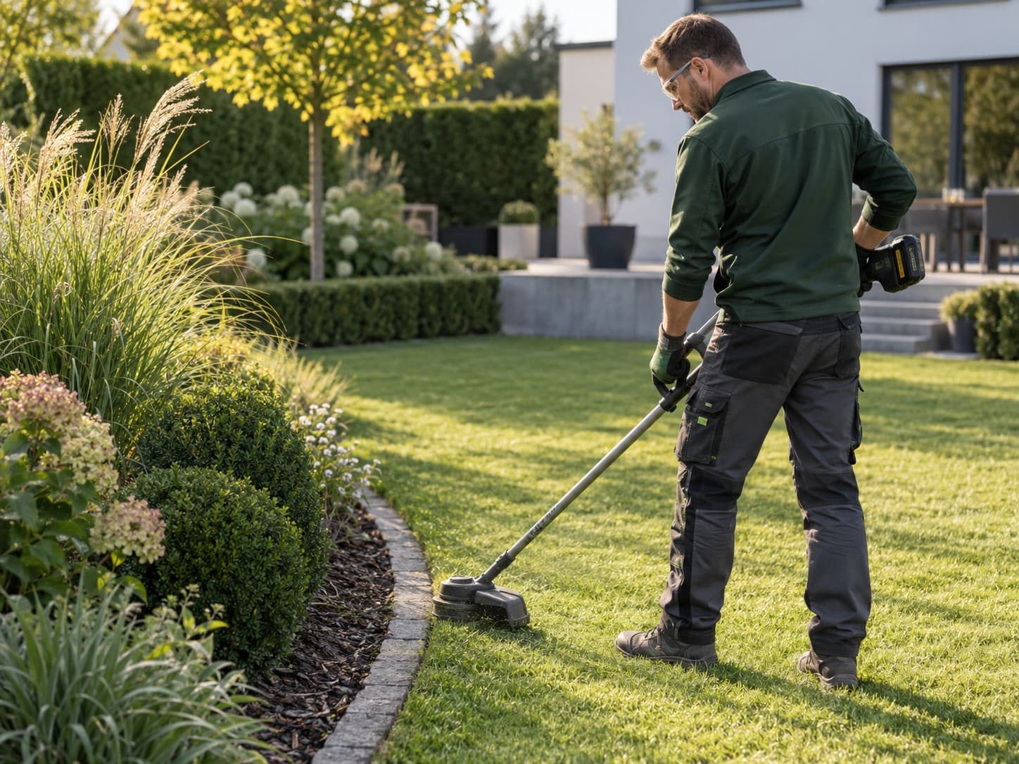 Mitarbeiter von SIDO Gartenbau schneidet mit dem Akku-Trimmer die Rasenkante entlang einer Beeteinfassung frei